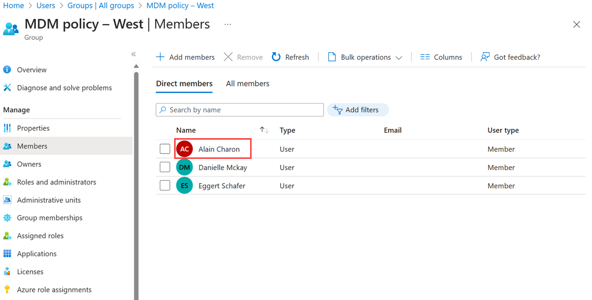 Screenshot: Liste der Mitglieder, die der Gruppe „MDM policy - West“ (MDM-Richtlinie – Westen) zugewiesen sind