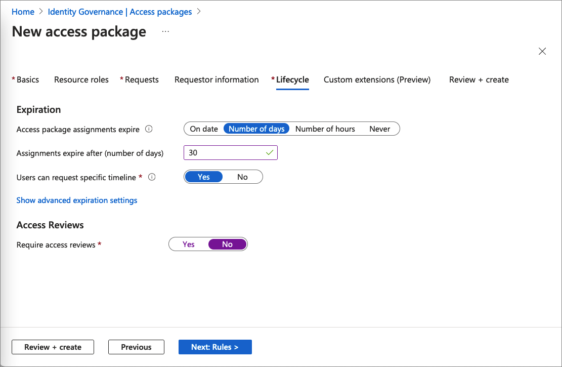 Screenshot: Registerkarte für Lebenszyklus des Zugriffspakets