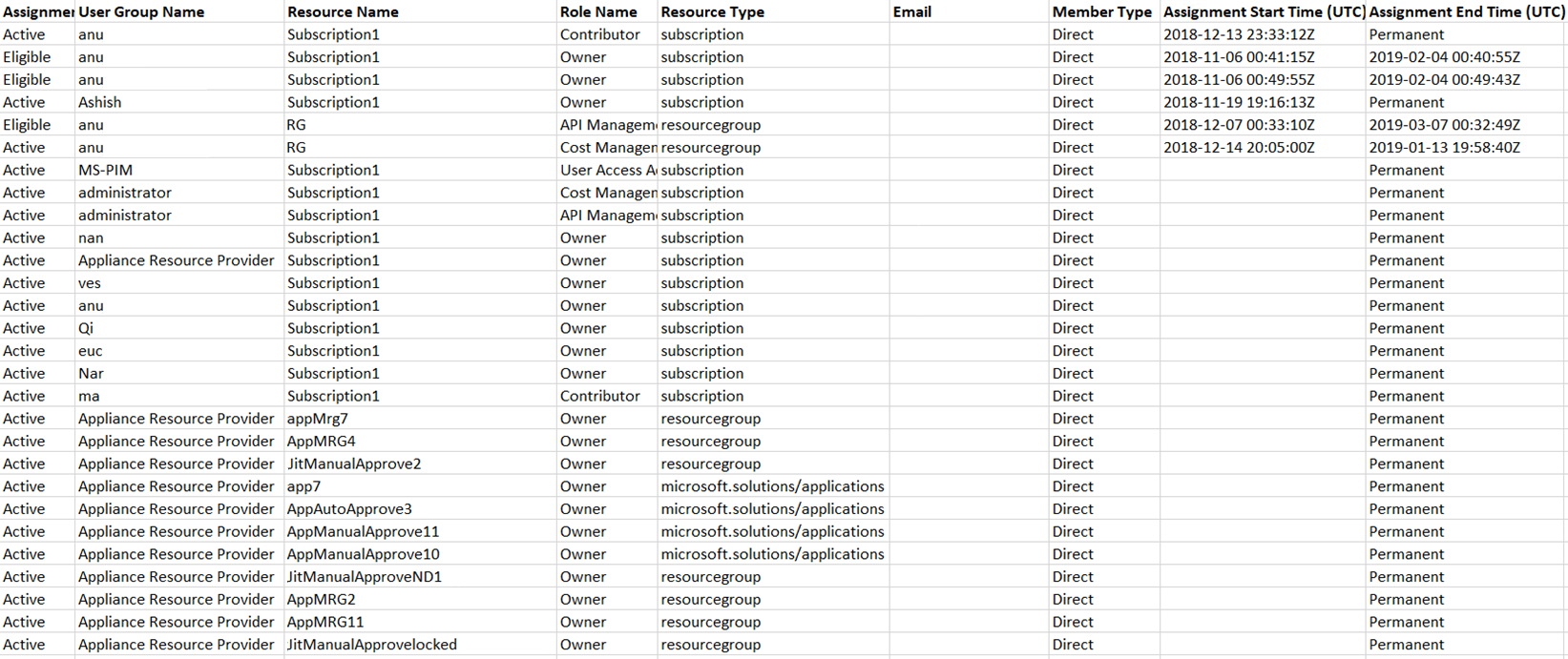 Screenshot: Exportierte Rollenzuweisungen in CSV-Datei wie in Excel angezeigt