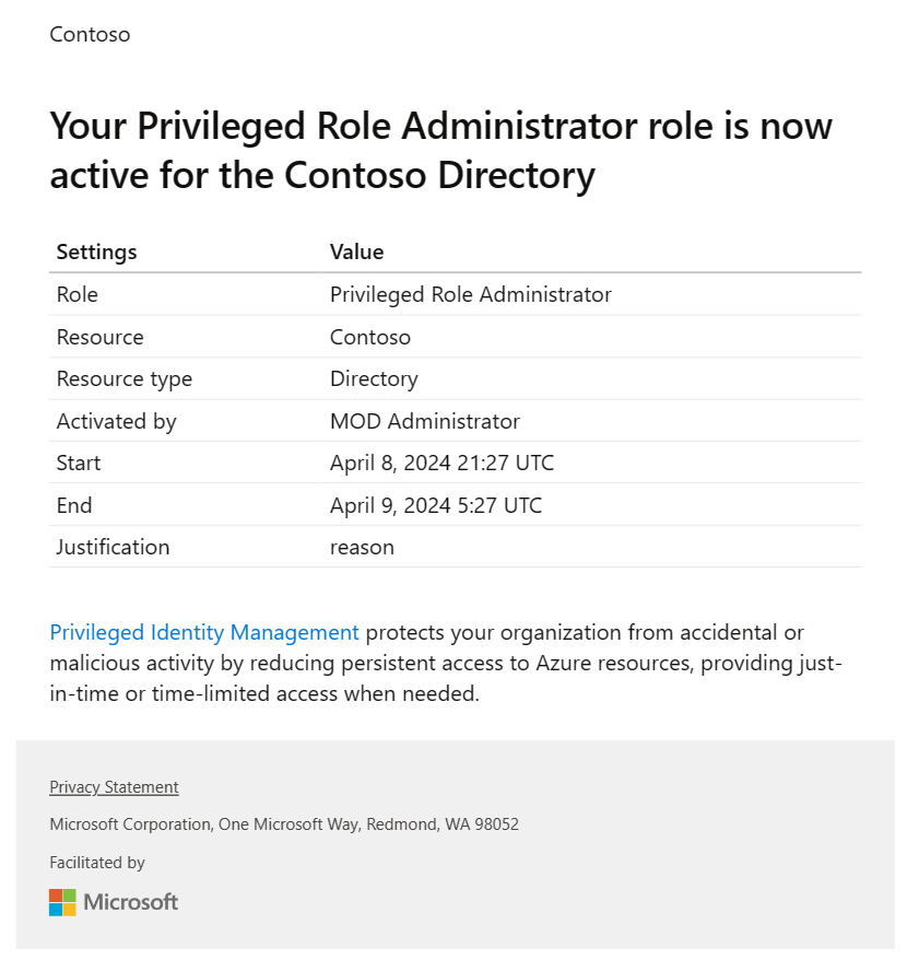 Screenshot: Neue E-Mail von Privileged Identity Management für Microsoft Entra-Rollen