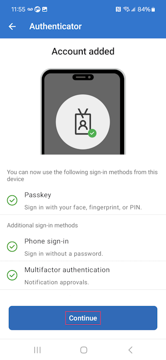 Screenshot: Bestätigung, dass der Passkey in Authenticator unter Android erstellt wurde