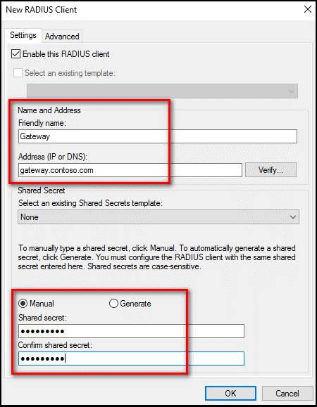 Eingeben eines Anzeigenamens und der IP- oder DNS-Adresse