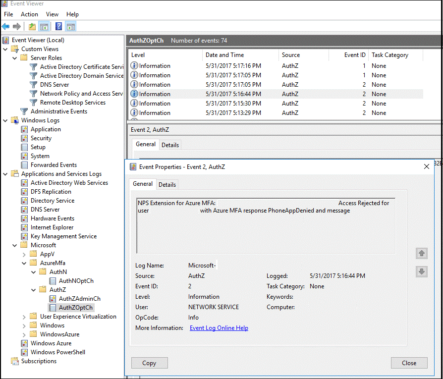 Beispiel eines Microsoft Entra-Multi-Faktor-Authentifizierungsprotokolls in der Ereignisanzeige