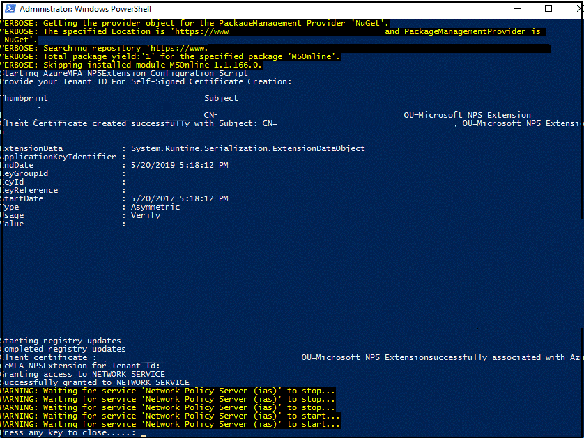 PowerShell-Fenster mit selbstsigniertem Zertifikat