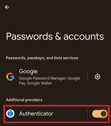 Screenshot der Aktivierung von Authenticator als Anbieter mit Microsoft Authenticator für Android-Geräte.