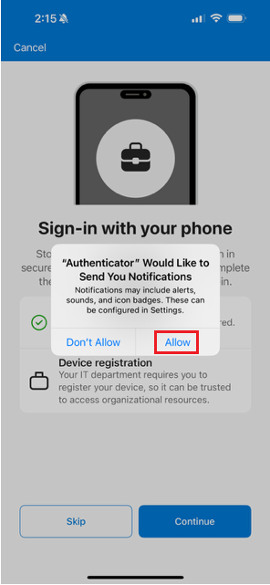 Screenshot: Zulassen von Benachrichtigungen für Microsoft Authenticator auf iOS-Geräten