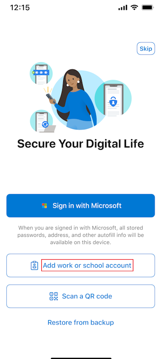 Screenshot: Erster Bildschirm, der für Microsoft Authenticator für iOS-Geräte angezeigt wird