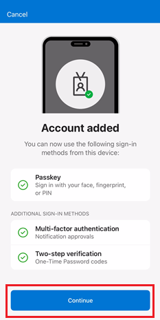 Screenshot der Einrichtung von Passkey, kennwortloser Authentifizierung und/oder MFA für die Anmeldung mit Microsoft Authenticator für iOS-Geräte.