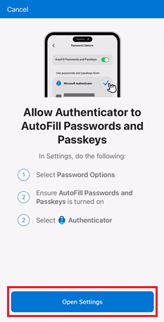 Screenshot von „Einstellungen öffnen“ und dem Folgen der Anweisungen auf dem Bildschirm mit Microsoft Authenticator für iOS-Geräte.