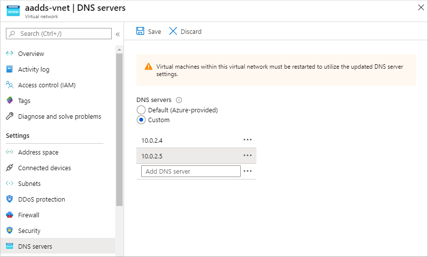 Configure the virtual network DNS servers to use the Domain Services domain controllers