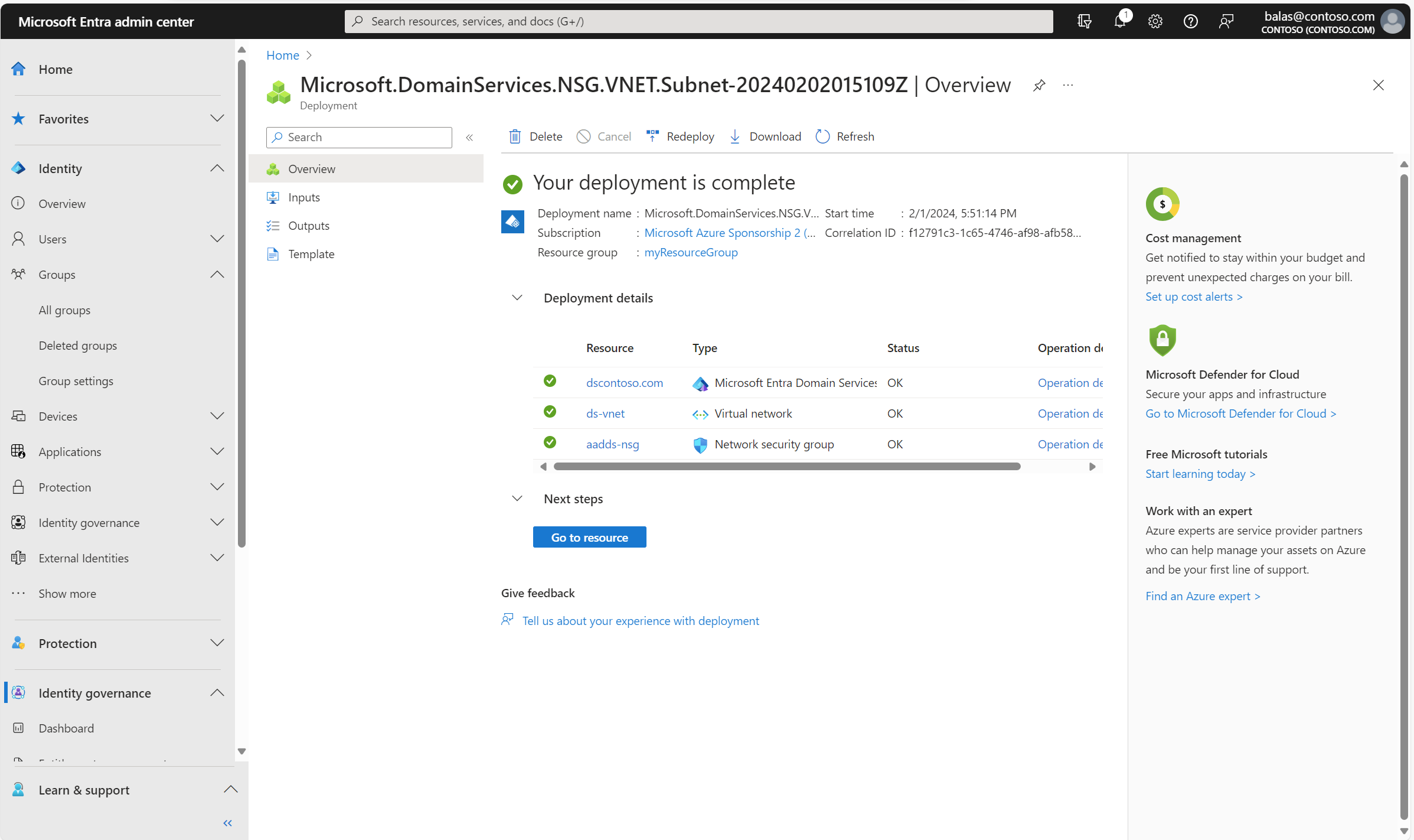 Screenshot of deployment details for a managed domain.