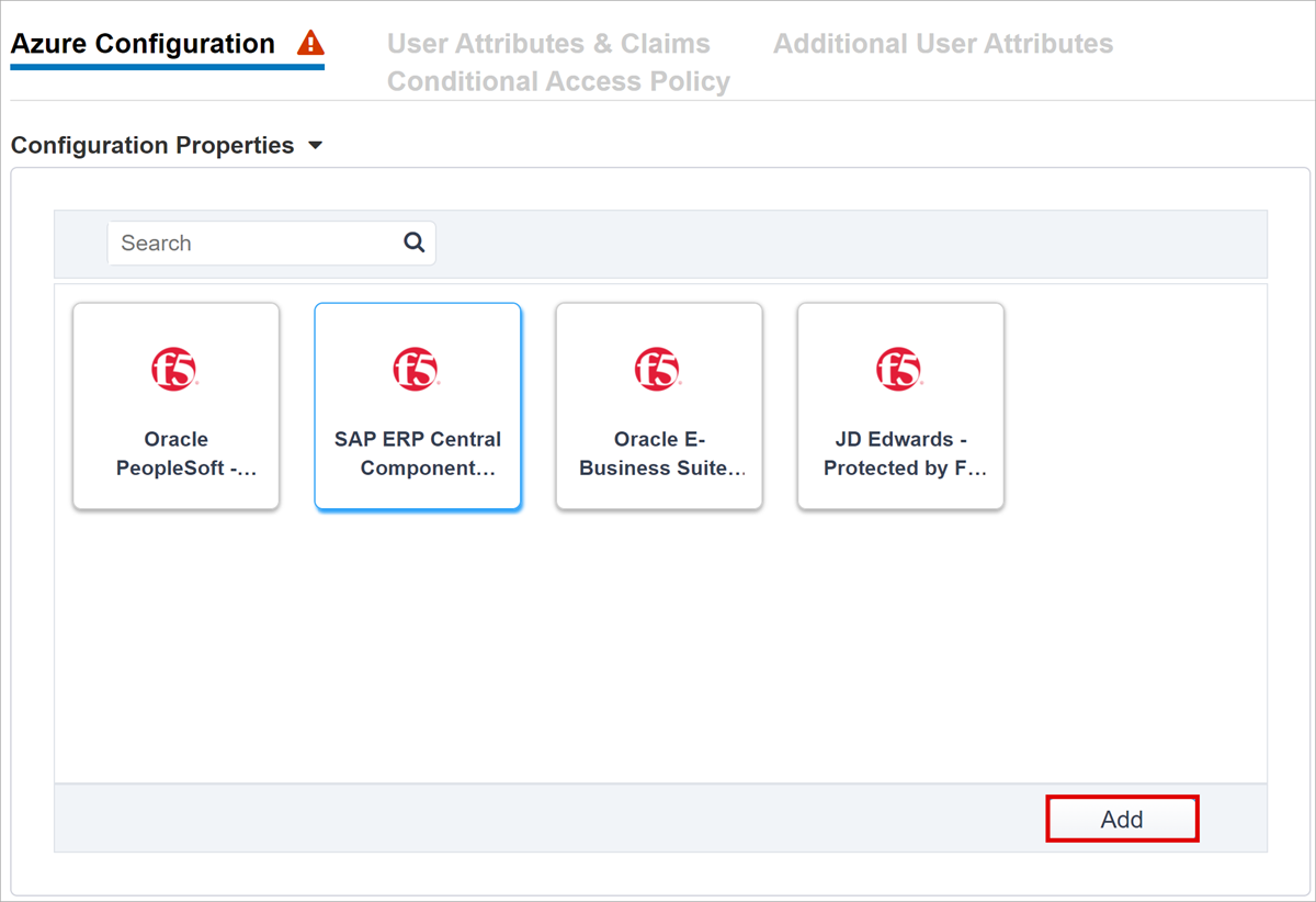 Screenshot der Option „SAP ERP Central Component“ in der Azure-Konfiguration mit der Schaltfläche „Hinzufügen“.