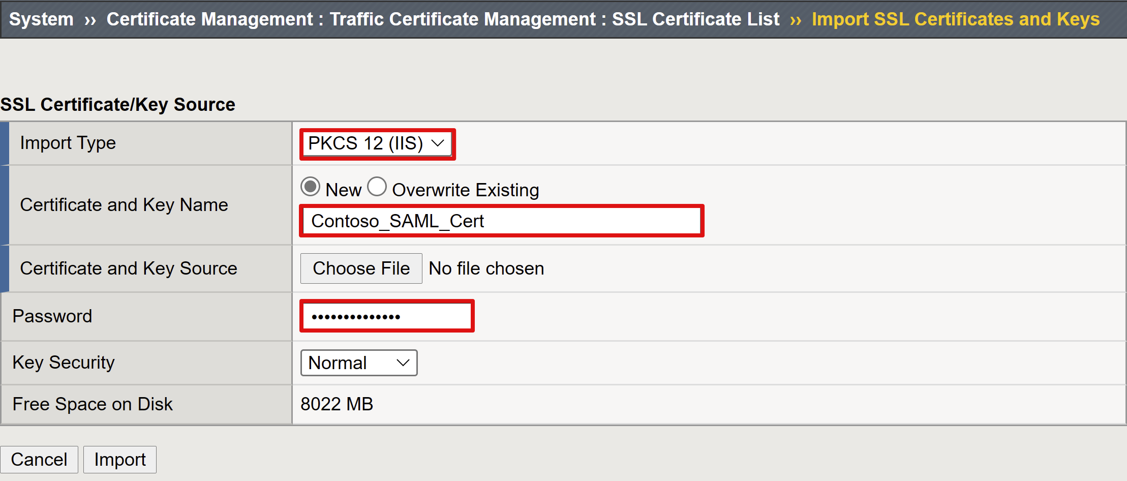 Screenshot der Optionen und Auswahlmöglichkeiten für das Importieren von SSL-Zertifikaten und Schlüsseln.