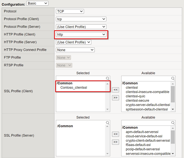 Screenshot der Einträge für HTTP-Profilclient und SSL-Profilclient.