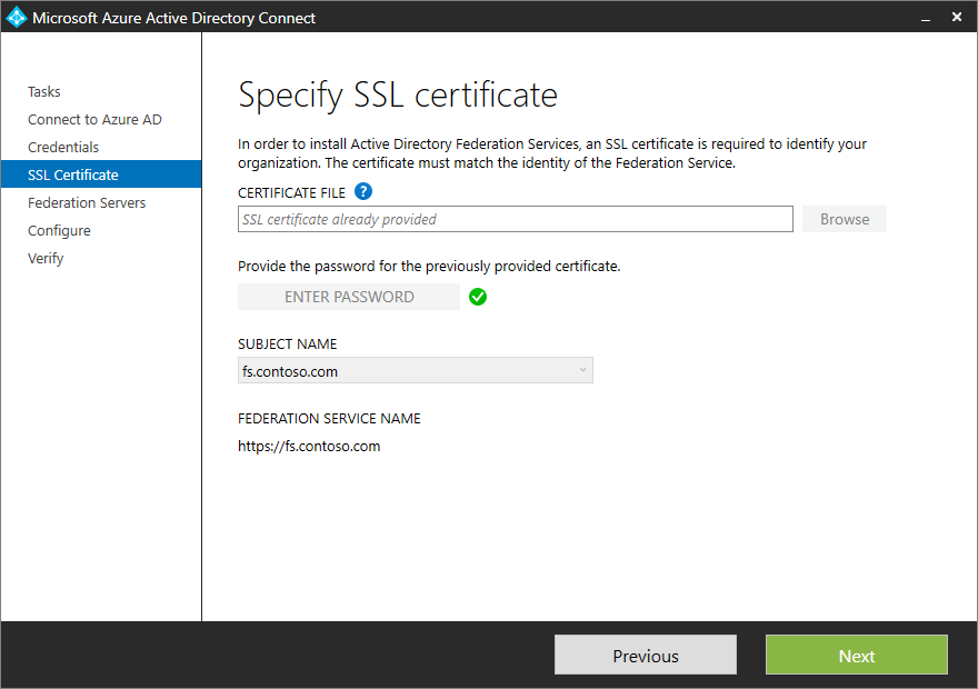 Screenshot der Seite „SSL-Zertifikat angeben“, nachdem ein Kennwort für die PFX-Datei eingegeben wurde