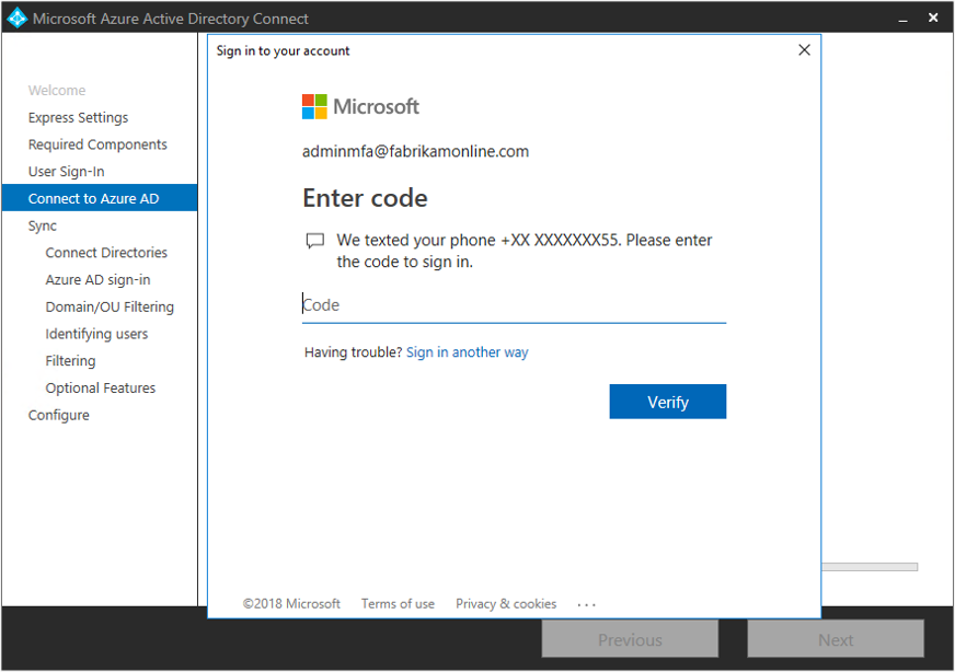 Screenshot der Seite „Mit Microsoft Entra ID verbinden“. In einem Feld für die mehrstufige Authentifizierung wird der Benutzer zur Eingabe eines Codes aufgefordert.