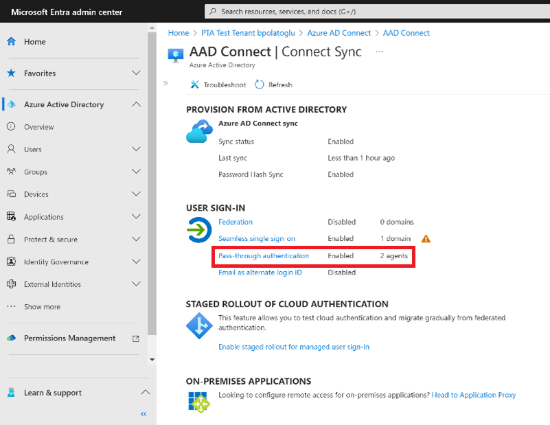 Screenshot, der das Blatt „Microsoft Entra Connect“ im Microsoft Entra Admin Center anzeigt.