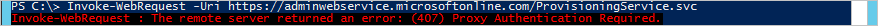 Screenshot eines 407-Proxyfehlers in PowerShell.