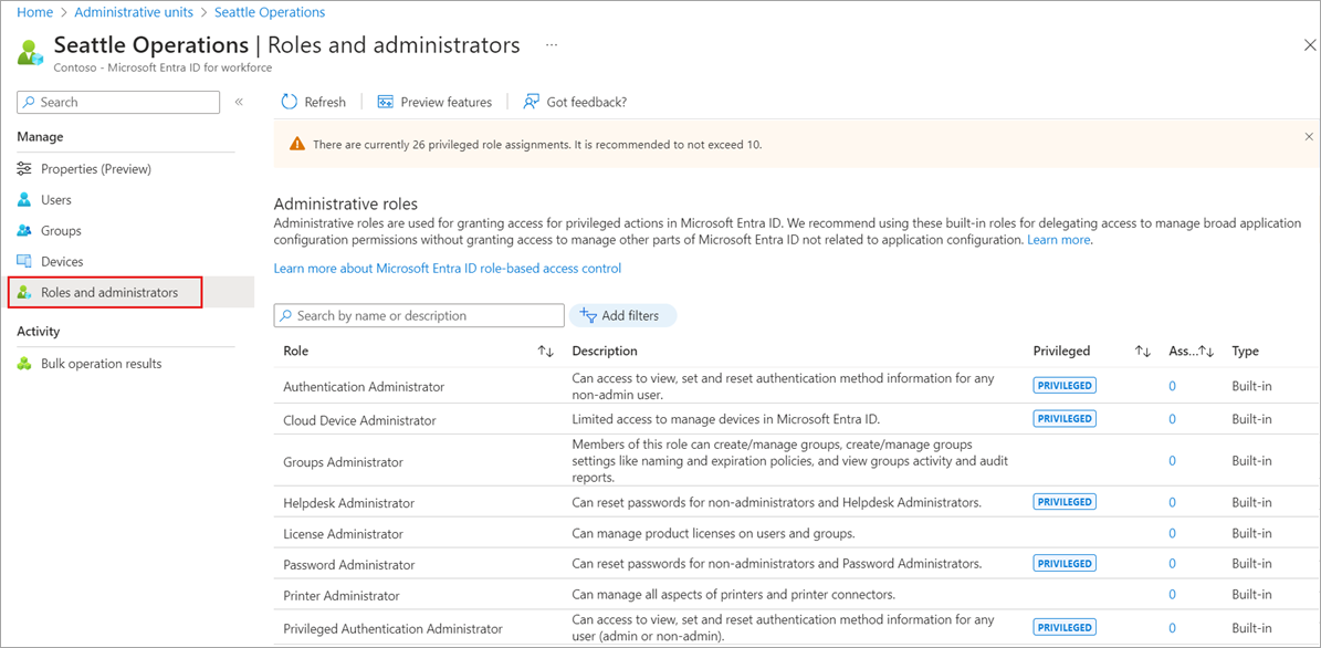 Menü „Rollen und Administratoren“ unter „Verwaltungseinheiten“ in Microsoft Entra ID.