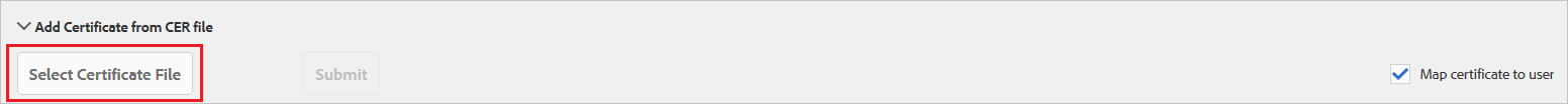 Screenshot, in dem die Schaltfläche „Select Certificate File“ hervorgehoben ist.