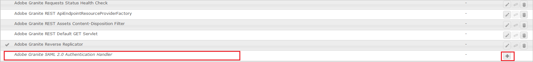 Screenshot, in dem „Adobe Granite SAML 2.0 Authentication Handler“ hervorgehoben ist.
