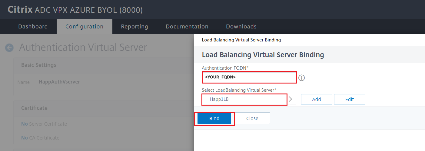 Screenshot der Citrix ADC SAML Connector for Microsoft Entra-Konfiguration: Bereich für die Bindung für den virtuellen Lastenausgleichsserver.