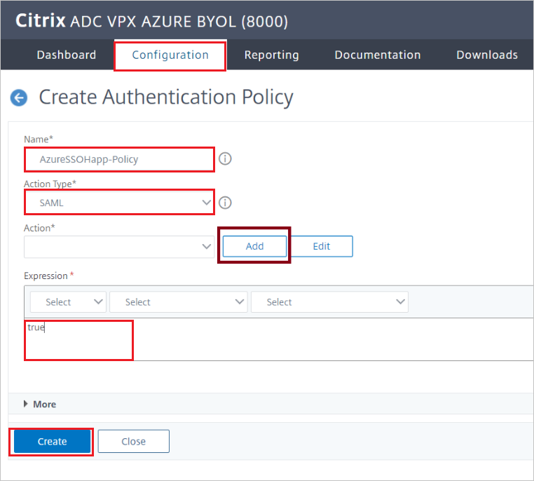 Screenshot der Citrix ADC SAML Connector for Microsoft Entra-Konfiguration: Bereich „Authentifizierungsrichtlinie erstellen“.