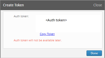 Screenshot der Seite „Token generieren“ in der Druva-Verwaltungskonsole. Der Link „Token kopieren“ ermöglicht das Kopieren des Werts des Authentifizierungstokens.