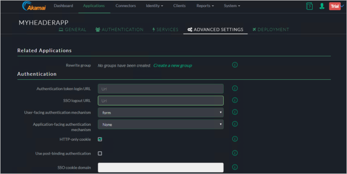 Screenshot der Registerkarte „Advanced Settings“ (Erweiterte Einstellungen) der Akamai-EAA-Konsole, auf der das Feld „SSO Logged URL“ (SSO-protokollierte URL) unter „Authentication“ (Authentifizierung) hervorgehoben ist.