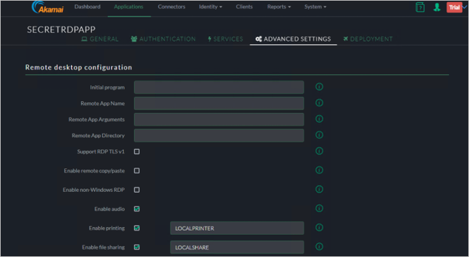 Screenshot der Registerkarte „Advanced Settings“ (Erweiterte Einstellungen) der Akamai EAA-Konsole für SECRETRDPAPP mit den Einstellungen für die Konfiguration des Remotedesktops.