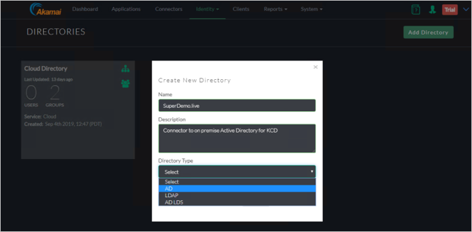 Screenshot des Fensters „Directories“ (Verzeichnisse) der Akamai EAA-Konsole mit dem Dialogfeld „Create New Directory“ (Neues Verzeichnis erstellen), in dem „AD“ in der Dropdownliste für den Verzeichnistyp ausgewählt ist.