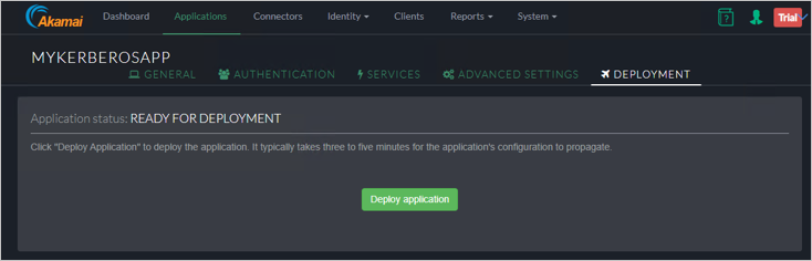 Screenshot der Registerkarte „Deployment“ (Bereitstellung) der Akamai EAA-Konsole für MYKERBOROSAPP mit der Schaltfläche „Deploy application“ (Anwendung bereitstellen).