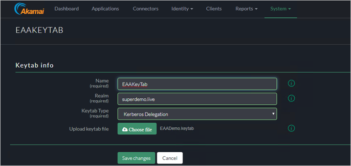 Screenshot des EAAKEYTAB-Bildschirms der Akamai EAA-Konsole mit den Keytab-Einstellungen. Der Keytab-Typ ist auf Kerberos-Delegierung eingestellt.