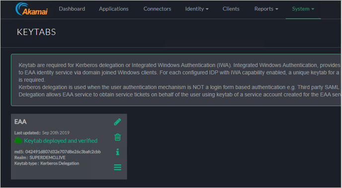 Screenshot des KEYTABS-Bildschirms der Akamai EAA-Konsole, auf dem die EAA-Schlüsseltabelle als „Schlüsseltabelle bereitgestellt und verifiziert“ aufgeführt ist.