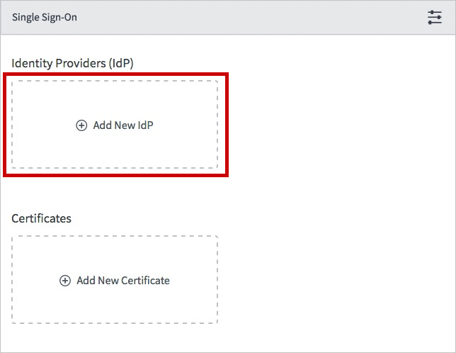 Screenshot: Dialogfeld „Single Sign-On“ (Einmaliges Anmelden) mit hervorgehobener Option „Add New IdP“ (Neuen Identitätsanbieter hinzufügen)