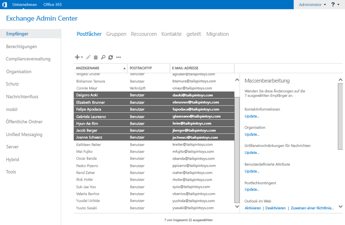 Massenauswahl von Postfächern in der Exchange-Verwaltungskonsole.