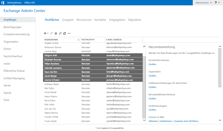 Massenauswahl von Postfächern in der Exchange-Verwaltungskonsole.
