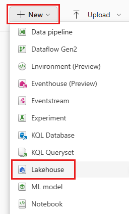 Screenshot: Lakehouse-Option im Menü „Neu“.