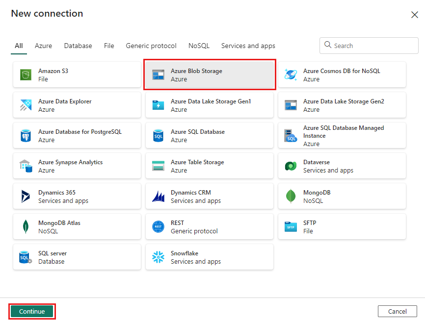 Screenshot: Assistent „Neue Verbindung“ mit Auswahl von „Azure Blob Storage“