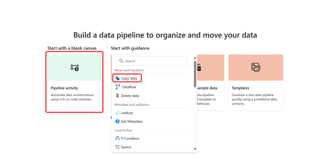 Screenshot: Auswählen von Pipelineaktivität und „Daten kopieren“