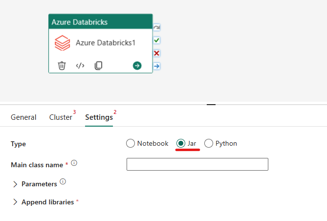 Screensho mit dem Jar-Typ der Azure Databricks-Aktivität.