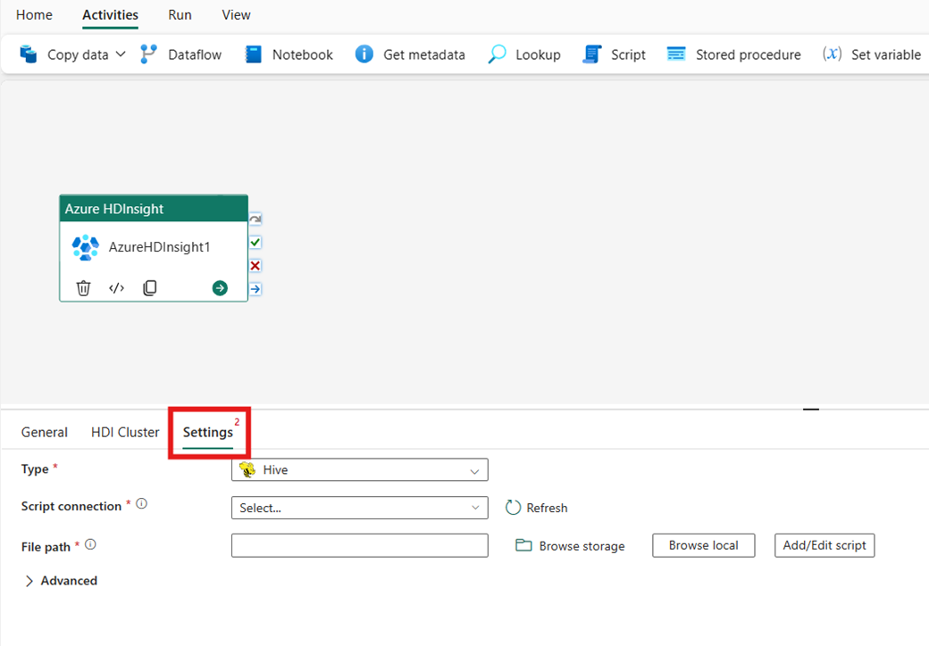 Screenshot der Registerkarte Einstellungen der Azure HDInsight-Aktivitätseigenschaften im Pipeline-Editor-Fenster.