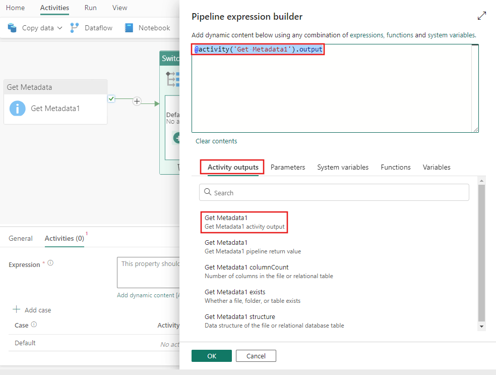 Screenshot: Fenster mit dem Pipelineausdrucks-Generator mit hervorgehobenen Aktivitätsausgaben der Get Metadata-Aktivität