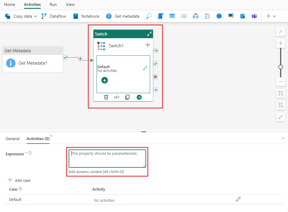 Screenshot: Get Metadata-Aktivität, die in einer Switch-Aktivität verwendet wird, um einen dynamischen Ausdruck bereitzustellen