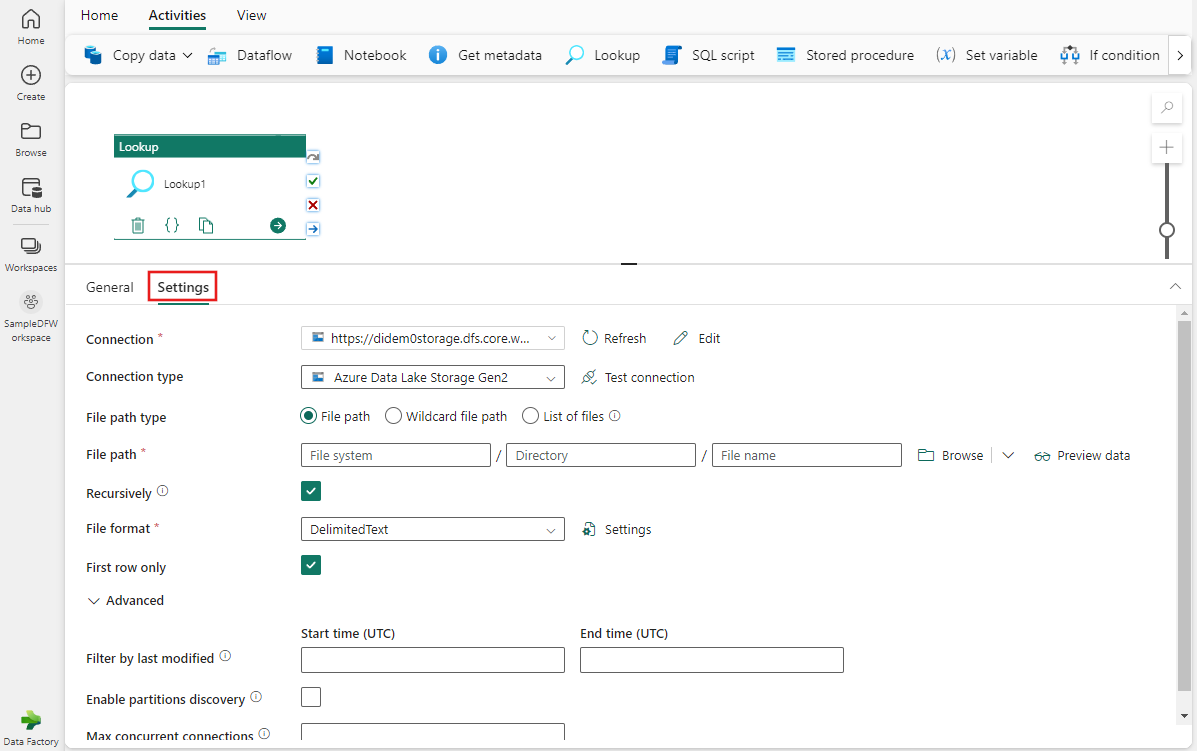 Screenshot: Hervorhebung der Registerkarte „Einstellungen für Lookup-Aktivitäten“ und Festlegen einer neuen Verbindung.