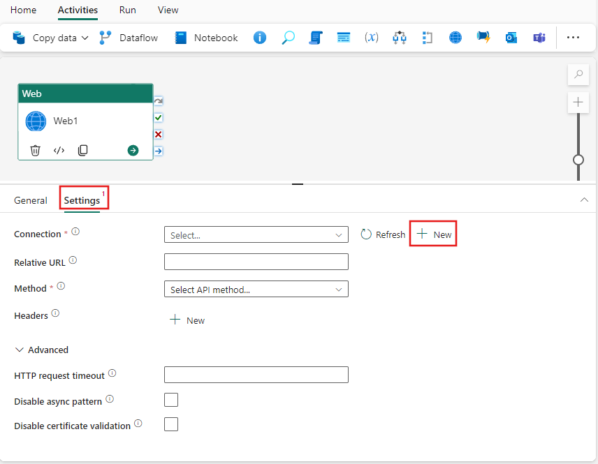 Screenshot showing the Lookup activity settings tab highlighting the tab, and where to choose a new connection.