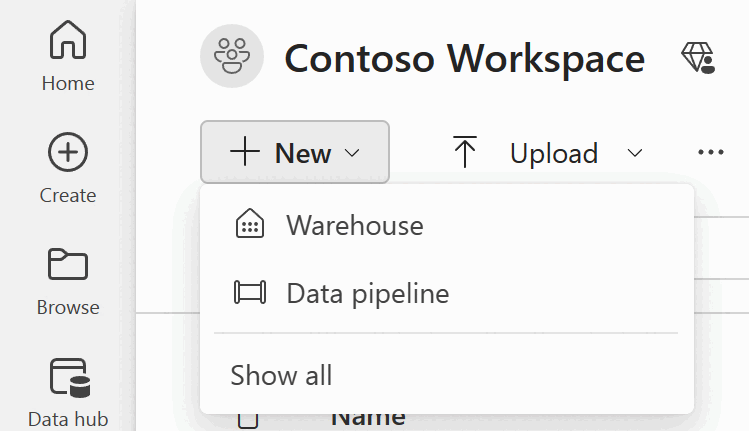 Screenshot: Oberer Abschnitt des Benutzerarbeitsbereichs mit der Schaltfläche „Neu“ sowie den Optionen „Warehouse“, „Datenpipeline“ und „Alle anzeigen“