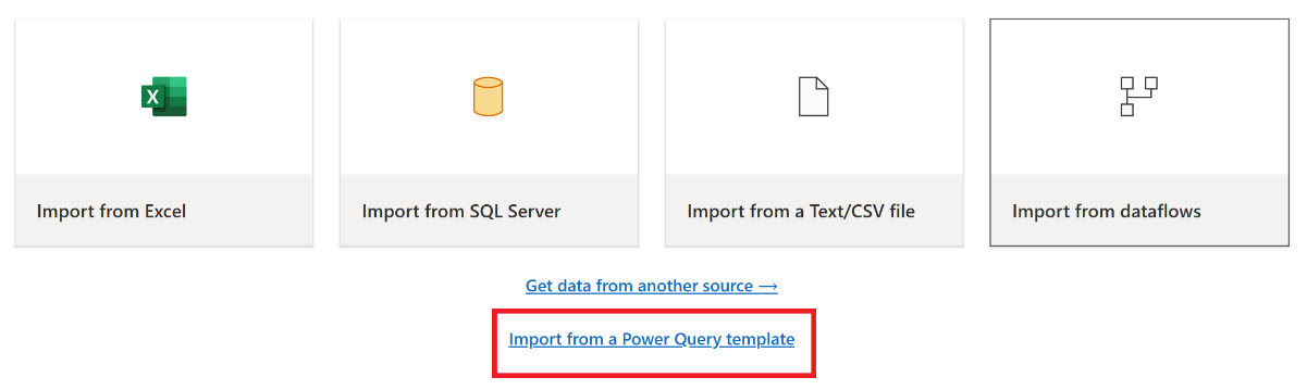 Screenshot: Aktuelle Ansicht mit hervorgehobener Option „Aus Power Query-Vorlage importieren“.