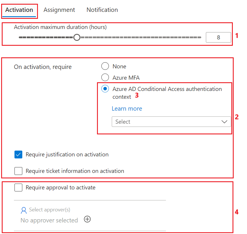 Pim-Rollenaktivierungseinstellungen auf dem Microsoft Entra Admin Center.