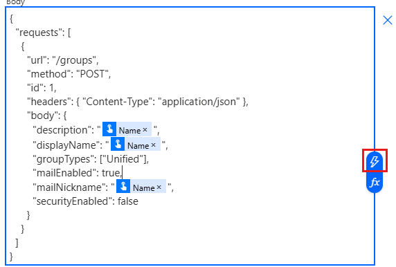 Screenshot des Menüs für dynamische Inhalte in Microsoft Flow